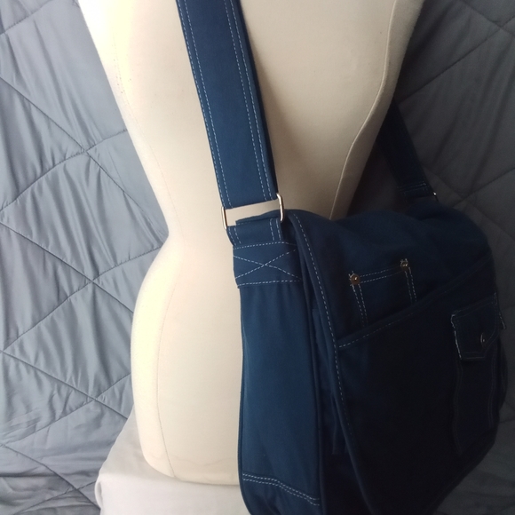 Women's Blue Satchel Crossbody Utility Bag with Blue & Pink Floral Design Lining - Picture 3 of 13